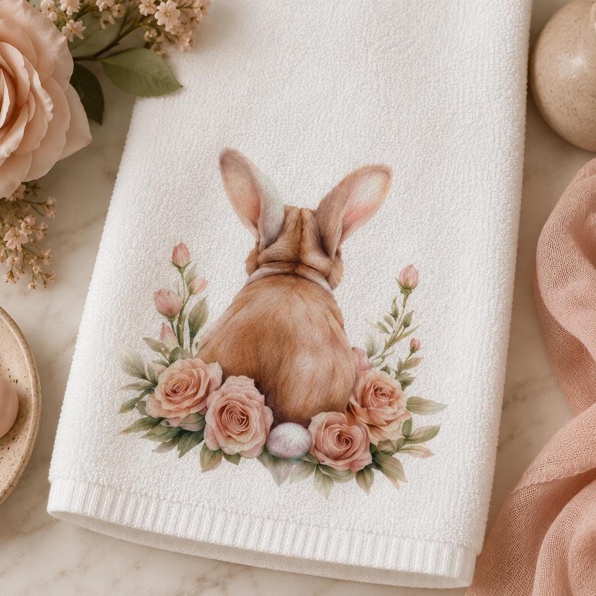 Easter Bunny Hand Towel, Floral Rabbit Decor, Spring Guest Bath Accent, Pastel Gift