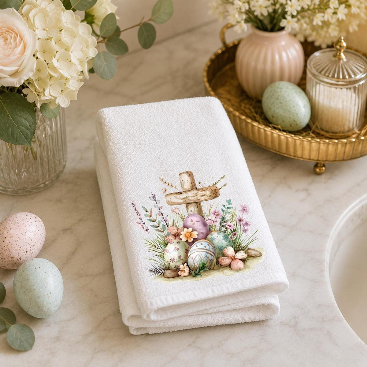 Easter Guest Towel, 11 x 18 Inch Cross Design, Cotton Terrycloth Back