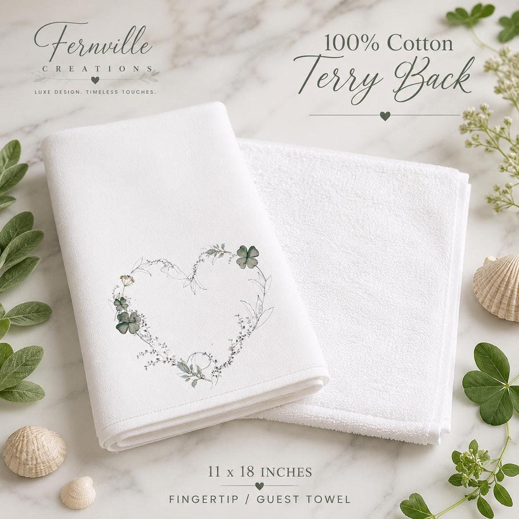 Fingertip Towel, 11 x 18-Inch Sheared Polyester Front, Botanical Clover Heart