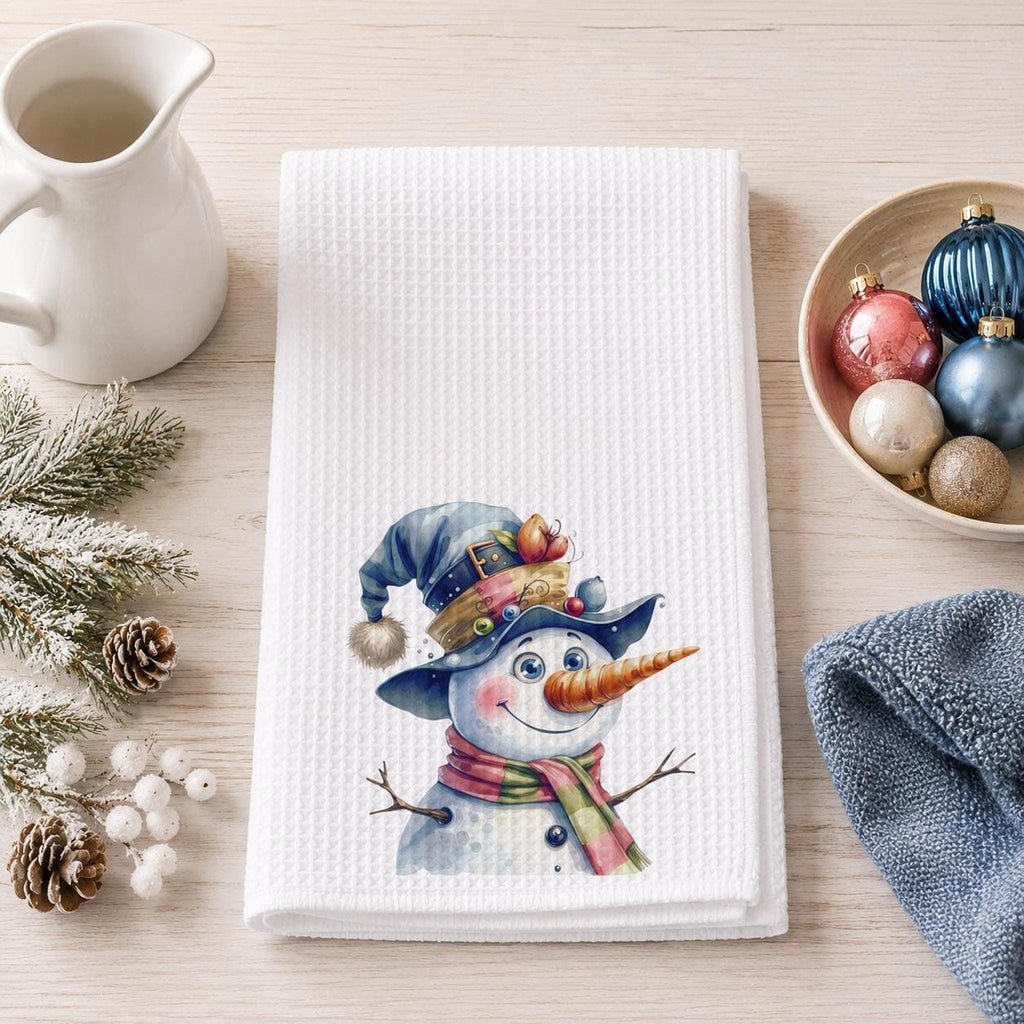 Waffle Hand Towel, White Microfiber Snowman Design, Christmas Kitchen Decor