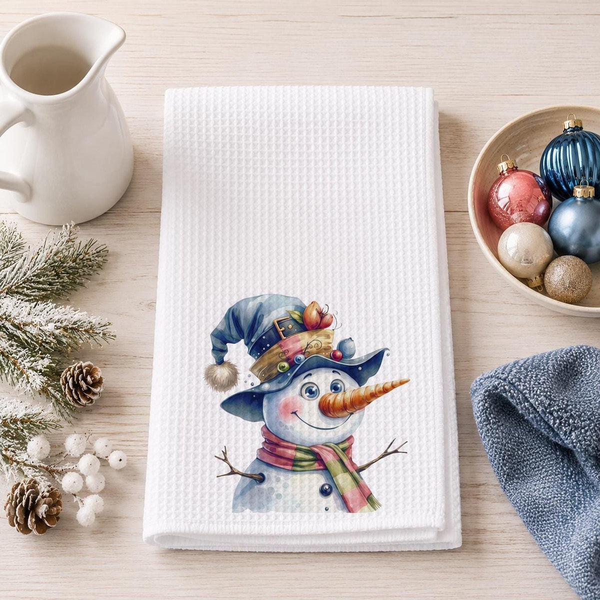 Waffle Hand Towel, White Microfiber Snowman Design, Christmas Kitchen Decor