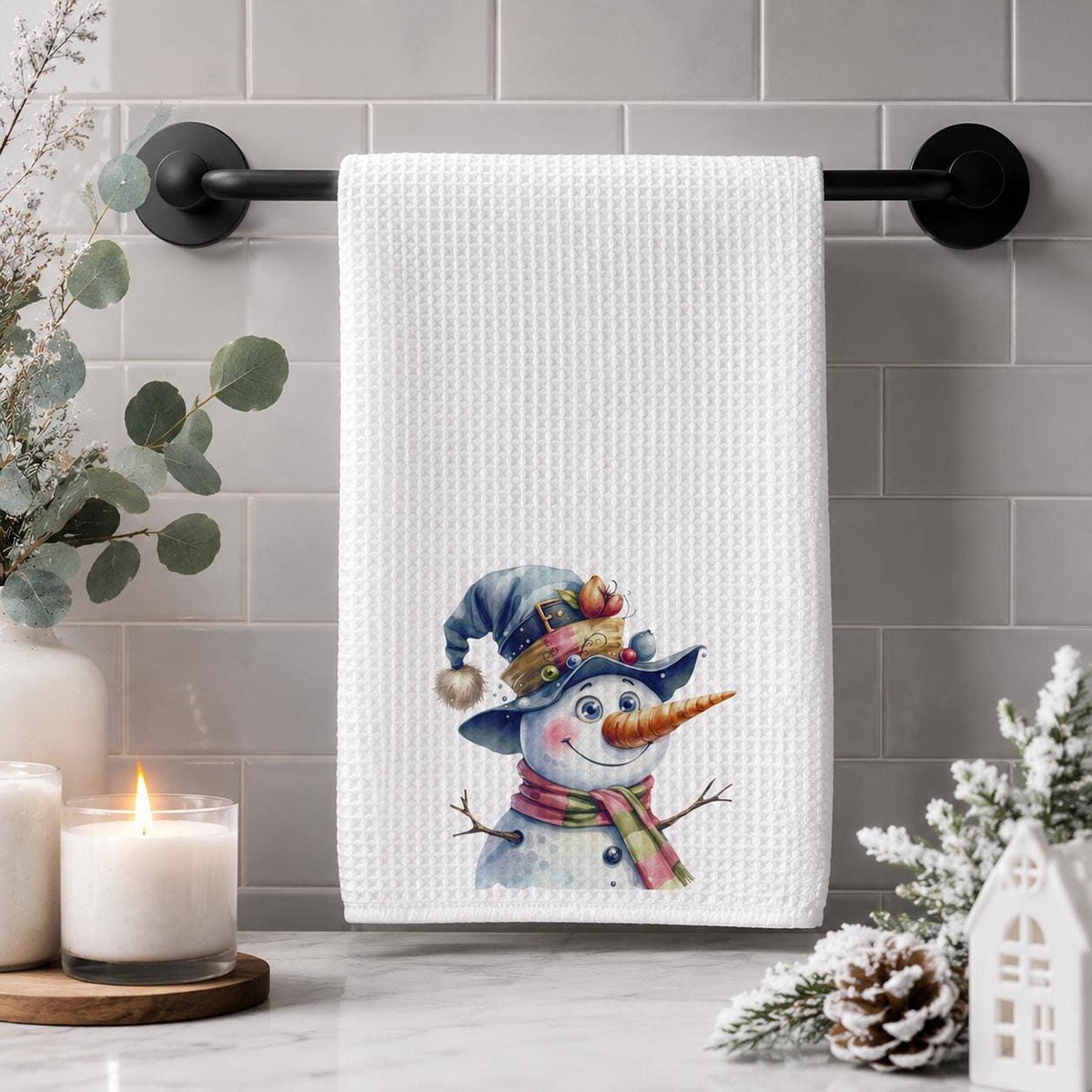 Waffle Hand Towel, White Microfiber Snowman Design, Christmas Kitchen Decor