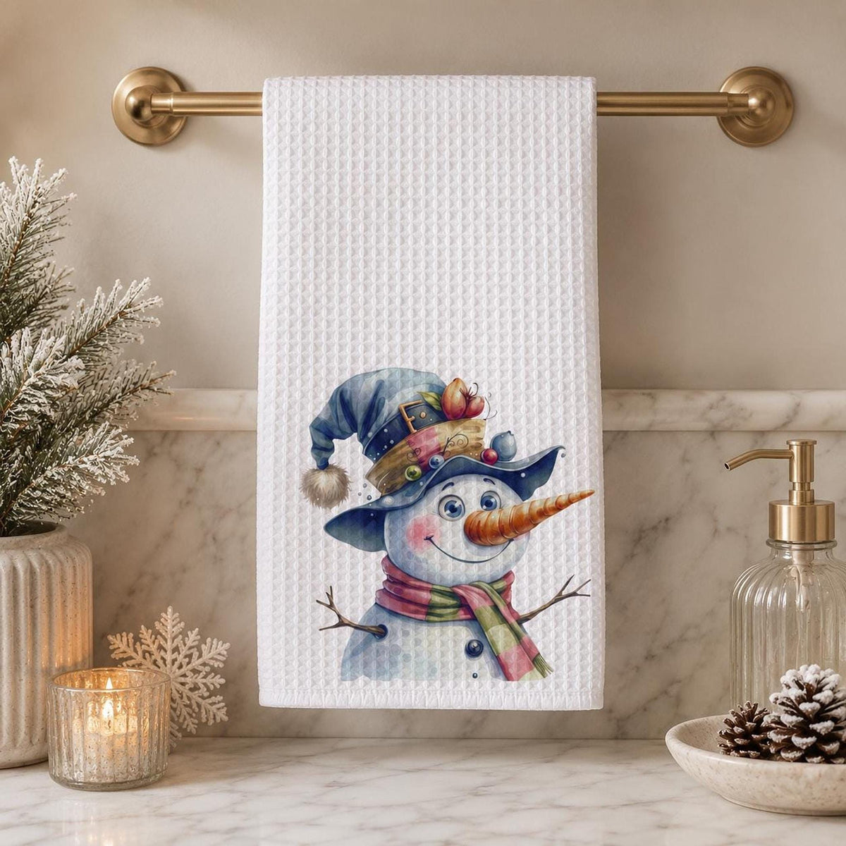 Waffle Hand Towel, White Microfiber Snowman Design, Christmas Kitchen Decor