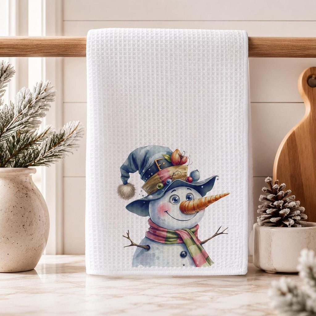 Waffle Hand Towel, White Microfiber Snowman Design, Christmas Kitchen Decor