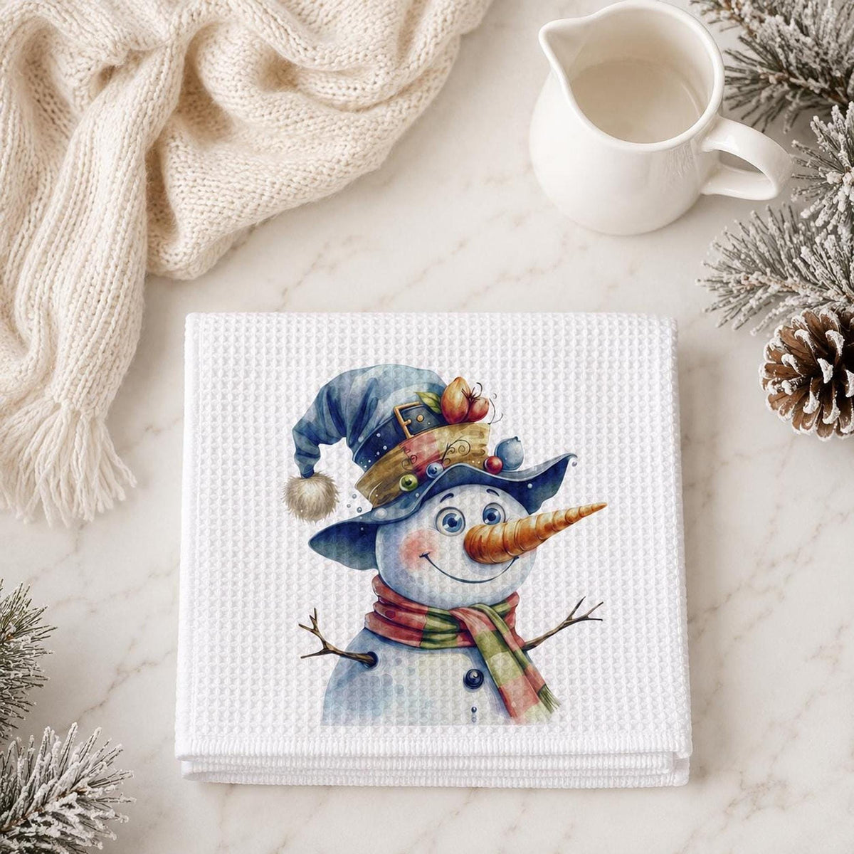 Waffle Hand Towel, White Microfiber Snowman Design, Christmas Kitchen Decor