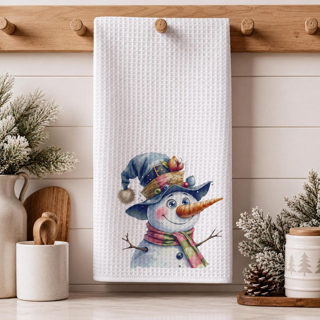 Waffle Hand Towel, White Microfiber Snowman Design, Christmas Kitchen Decor