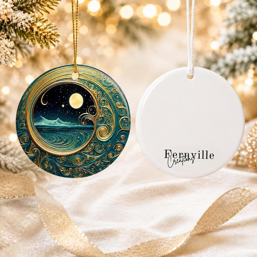 Moonlit Ocean Ceramic Ornament, Coastal Christmas Decor, Celestial Holiday Accent, Beach Lover Gift