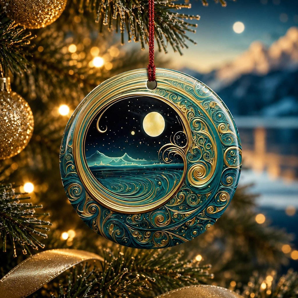 Moonlit Ocean Ceramic Ornament, Coastal Christmas Decor, Celestial Holiday Accent, Beach Lover Gift