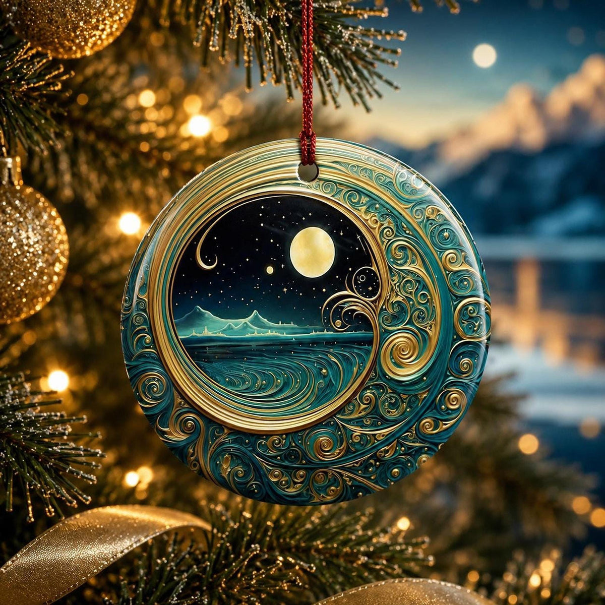 Moonlit Ocean Ceramic Ornament, Coastal Christmas Decor, Celestial Holiday Accent, Beach Lover Gift