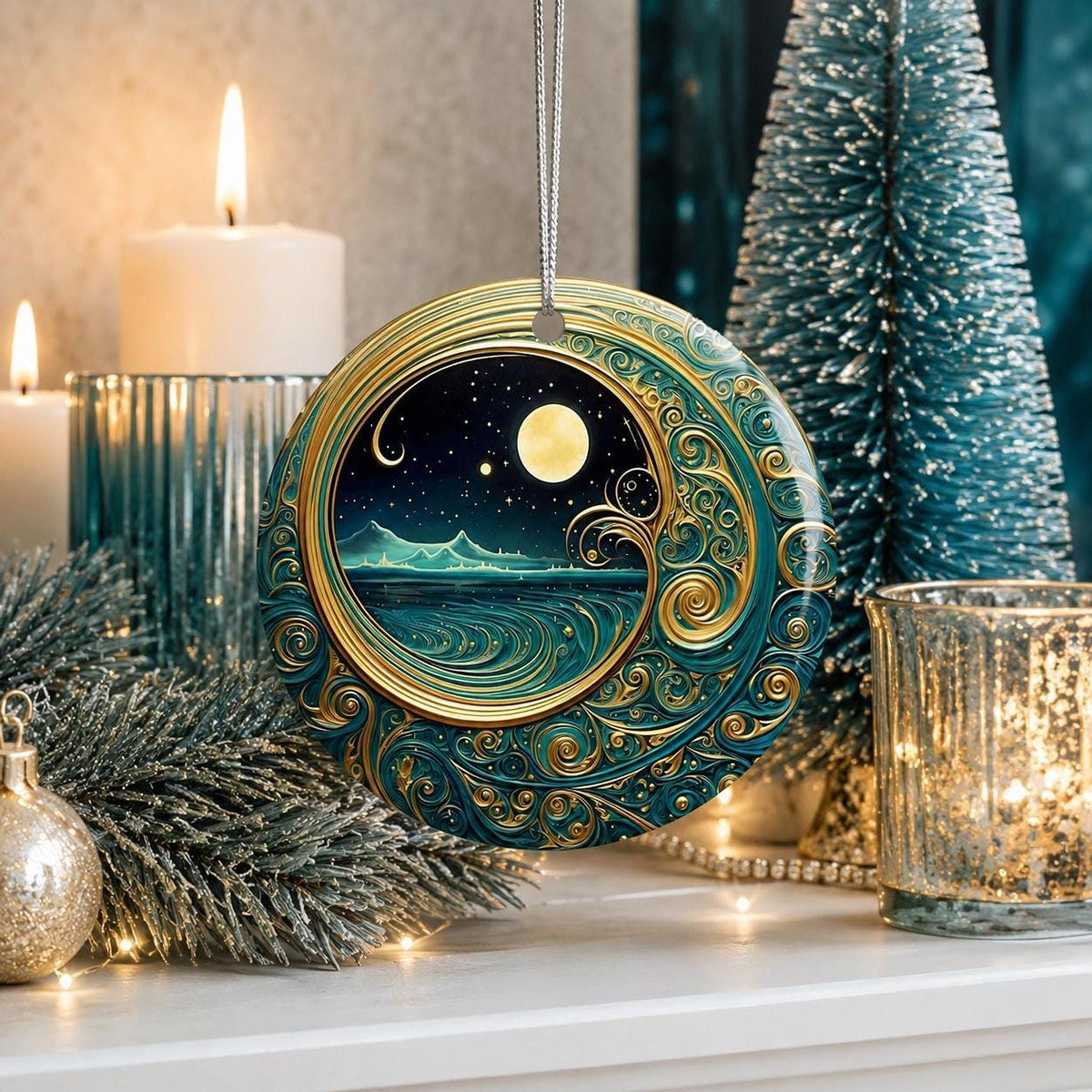 Moonlit Ocean Ceramic Ornament, Coastal Christmas Decor, Celestial Holiday Accent, Beach Lover Gift
