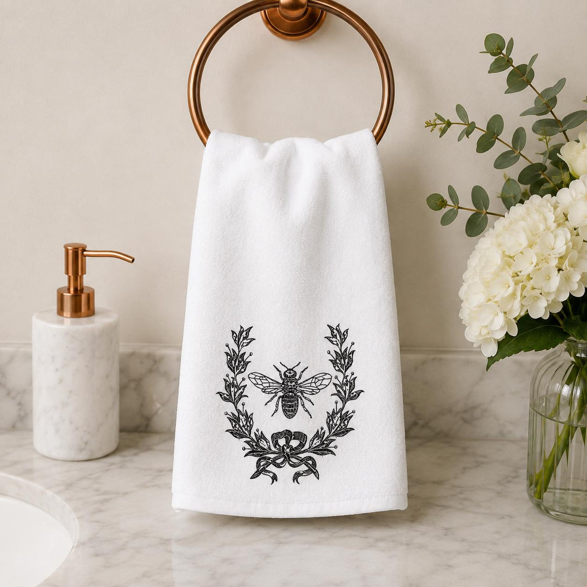 Bee Hand Towel, White Sheared Polyester Front, Cotton Terrycloth Reverse