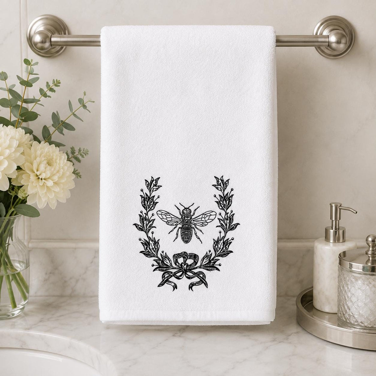 Bee Hand Towel, White Sheared Polyester Front, Cotton Terrycloth Reverse
