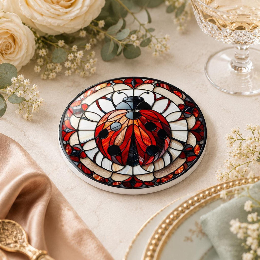 Ladybug Coaster, Ceramic Daisy Garden Decor with Glossy or Matte Finish