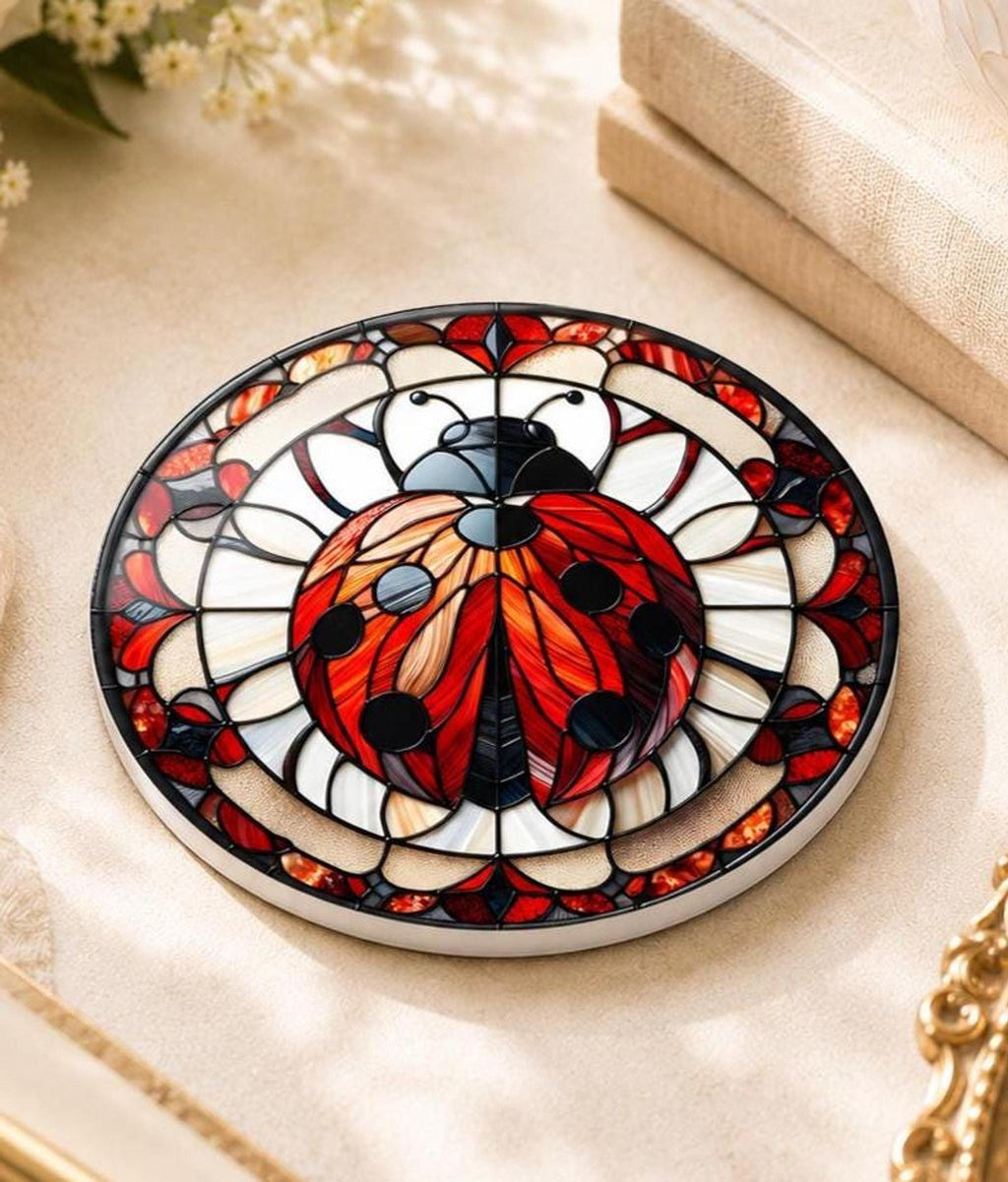 Ladybug Coaster, Ceramic Daisy Garden Decor with Glossy or Matte Finish