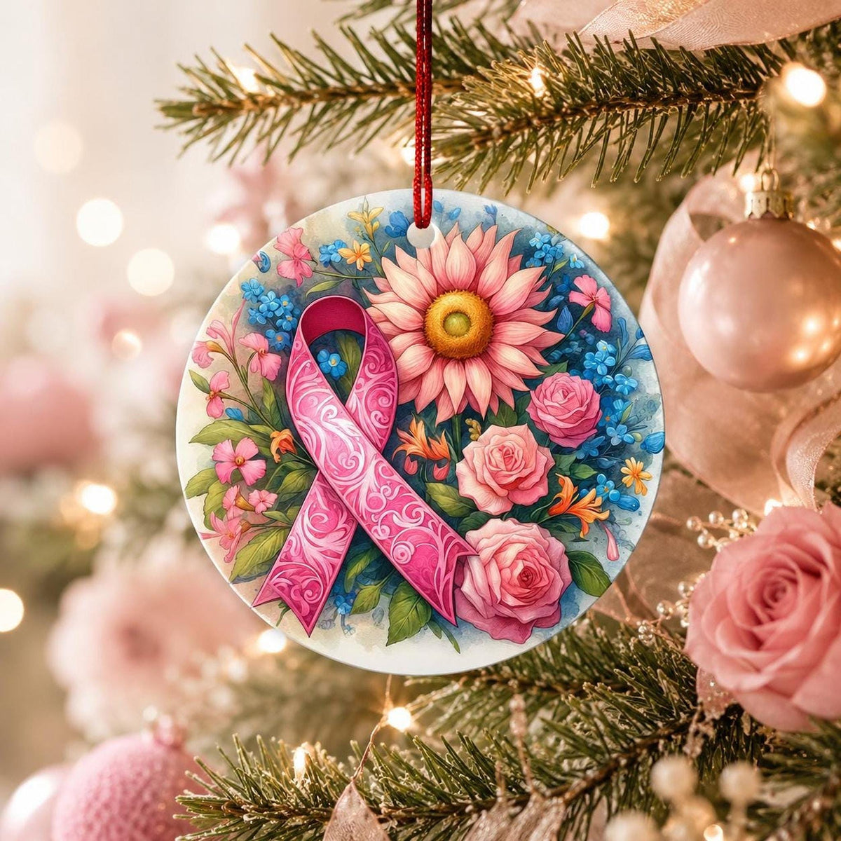 Pink Ribbon Ornament, 3-Inch Ceramic Floral Christmas Keepsake
