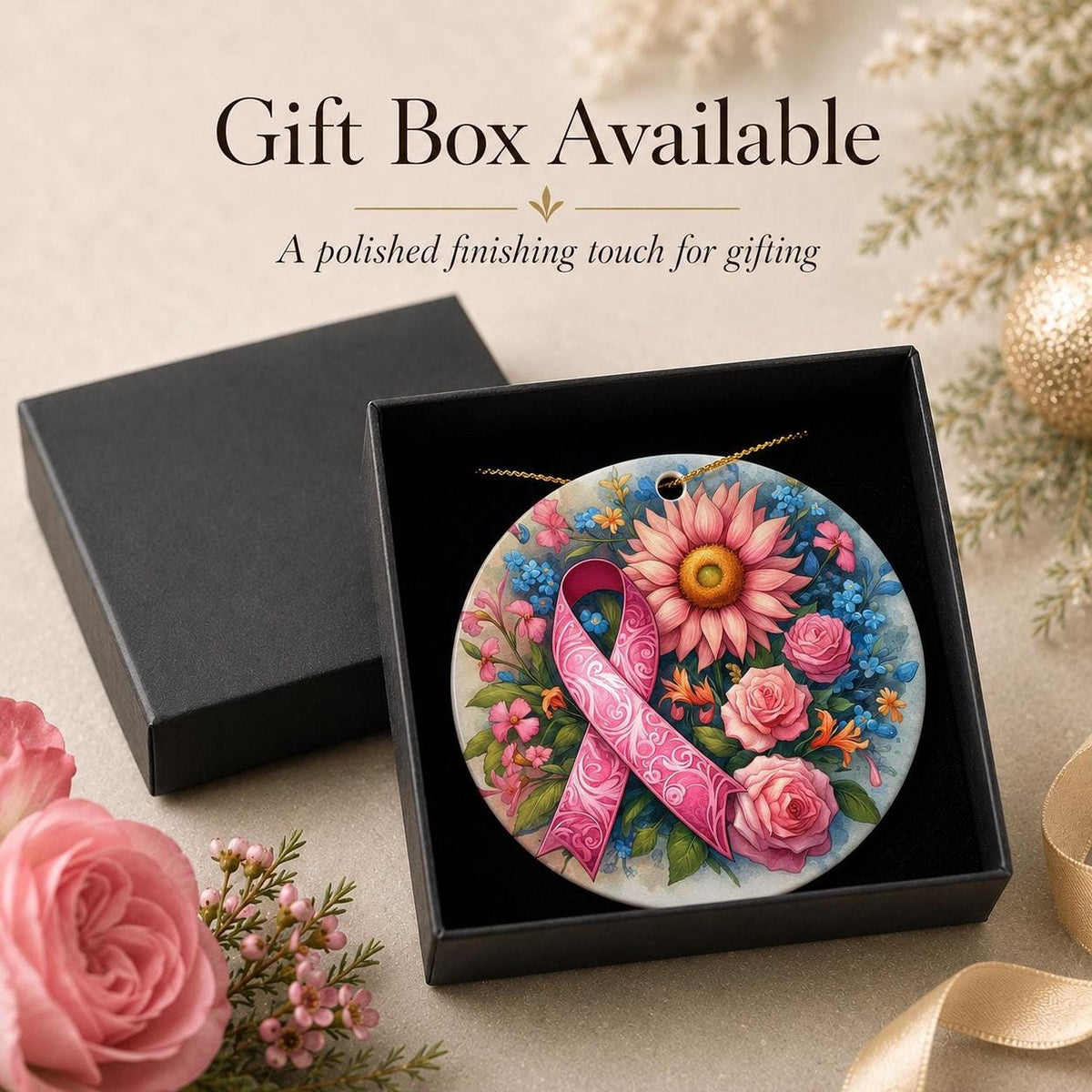 Pink Ribbon Ornament, 3-Inch Ceramic Floral Christmas Keepsake