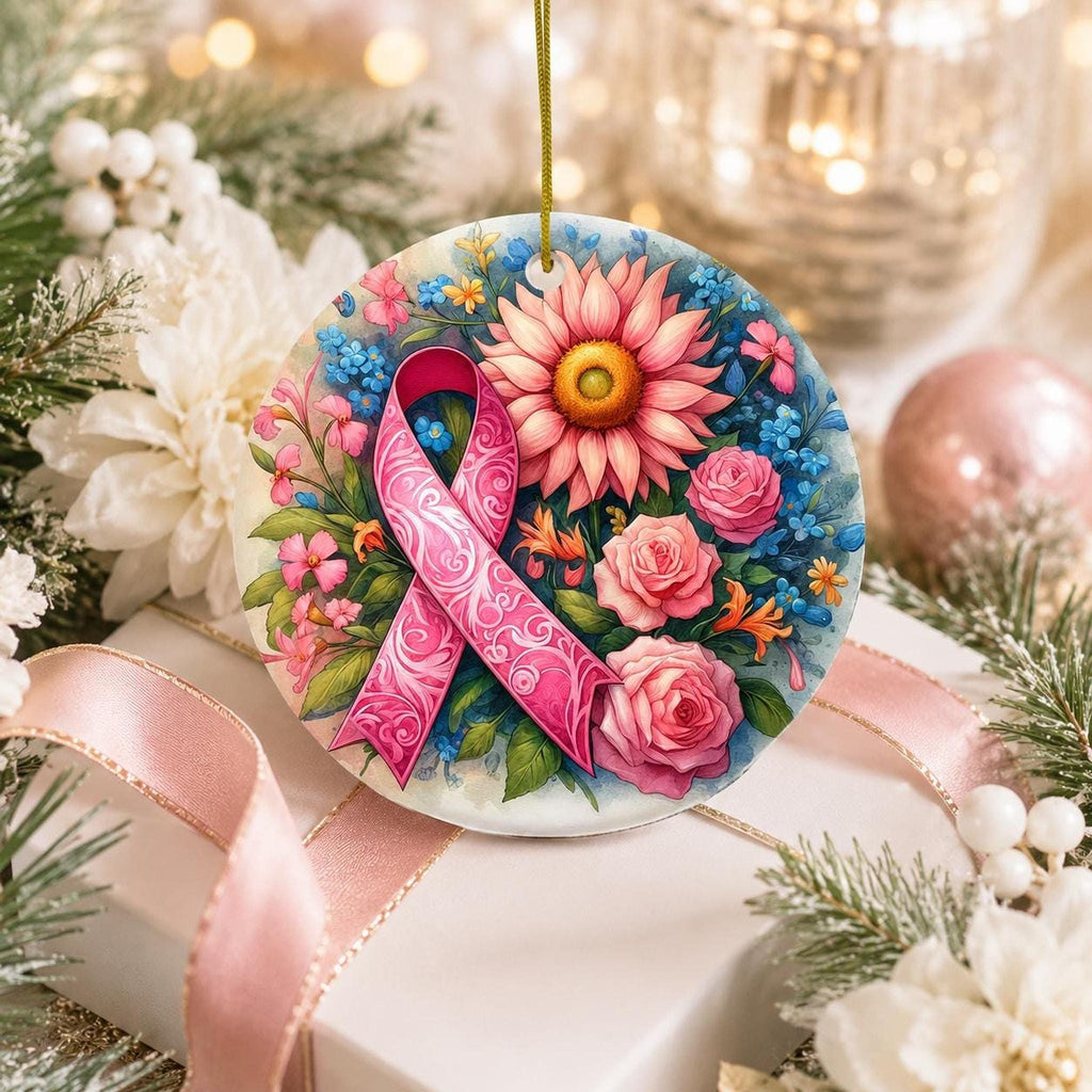 Pink Ribbon Ornament, 3-Inch Ceramic Floral Christmas Keepsake
