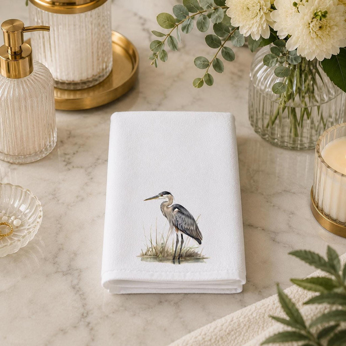 Bird Bath Decor, White Heron Fingertip Towel with Cotton Terrycloth Back