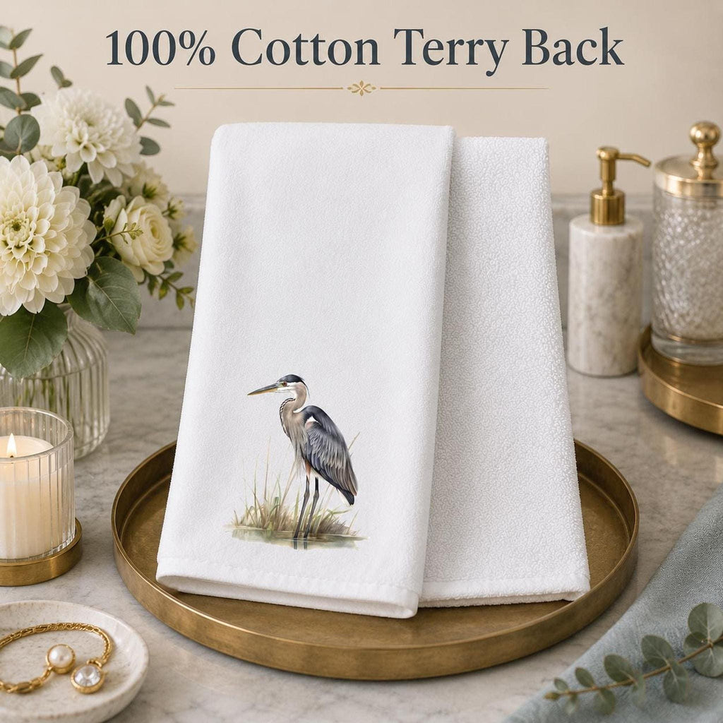 Bird Bath Decor, White Heron Fingertip Towel with Cotton Terrycloth Back