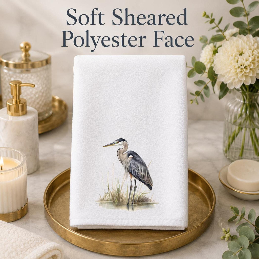 Bird Bath Decor, White Heron Fingertip Towel with Cotton Terrycloth Back