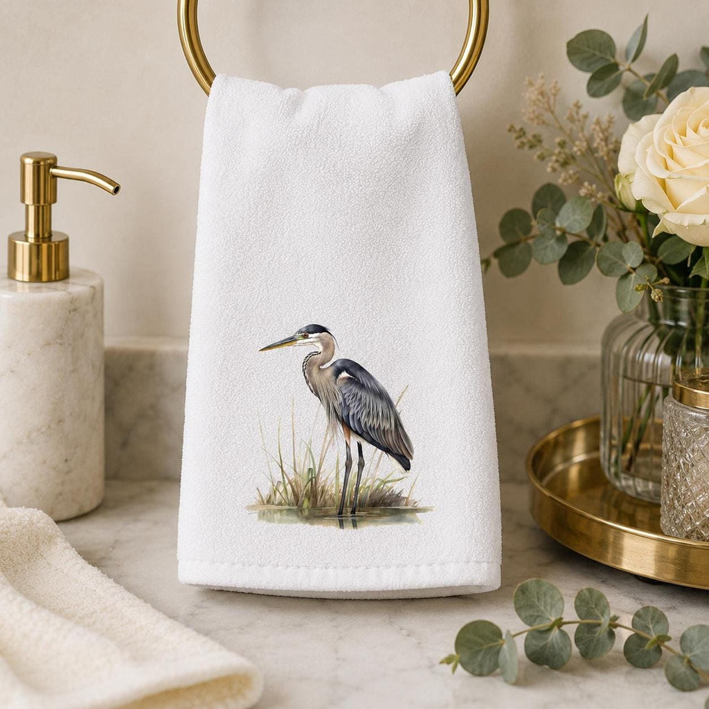 Bird Bath Decor, White Heron Fingertip Towel with Cotton Terrycloth Back