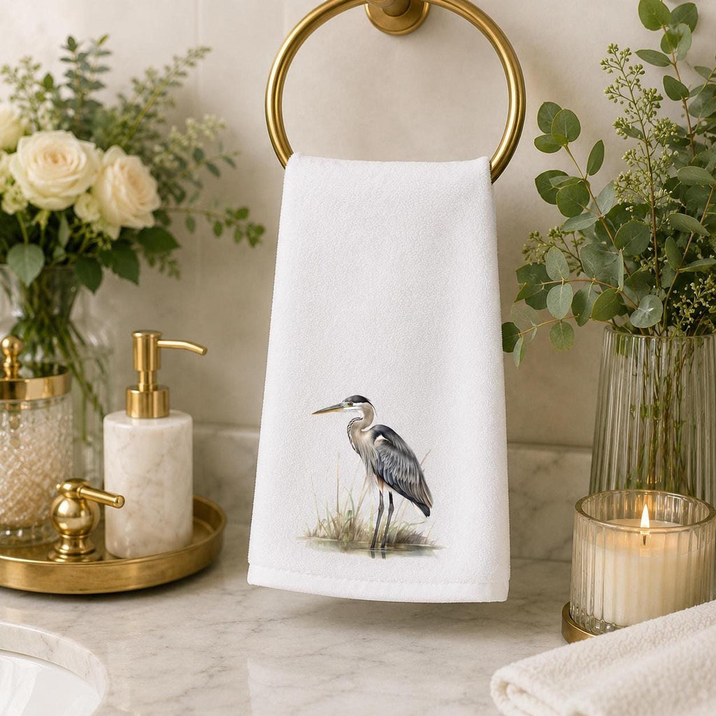 Bird Bath Decor, White Heron Fingertip Towel with Cotton Terrycloth Back