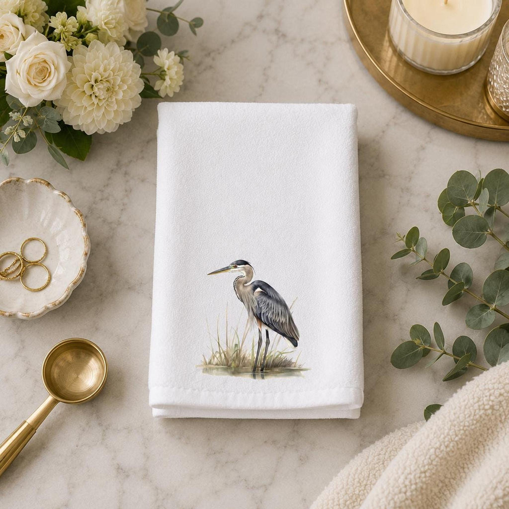 Bird Bath Decor, White Heron Fingertip Towel with Cotton Terrycloth Back