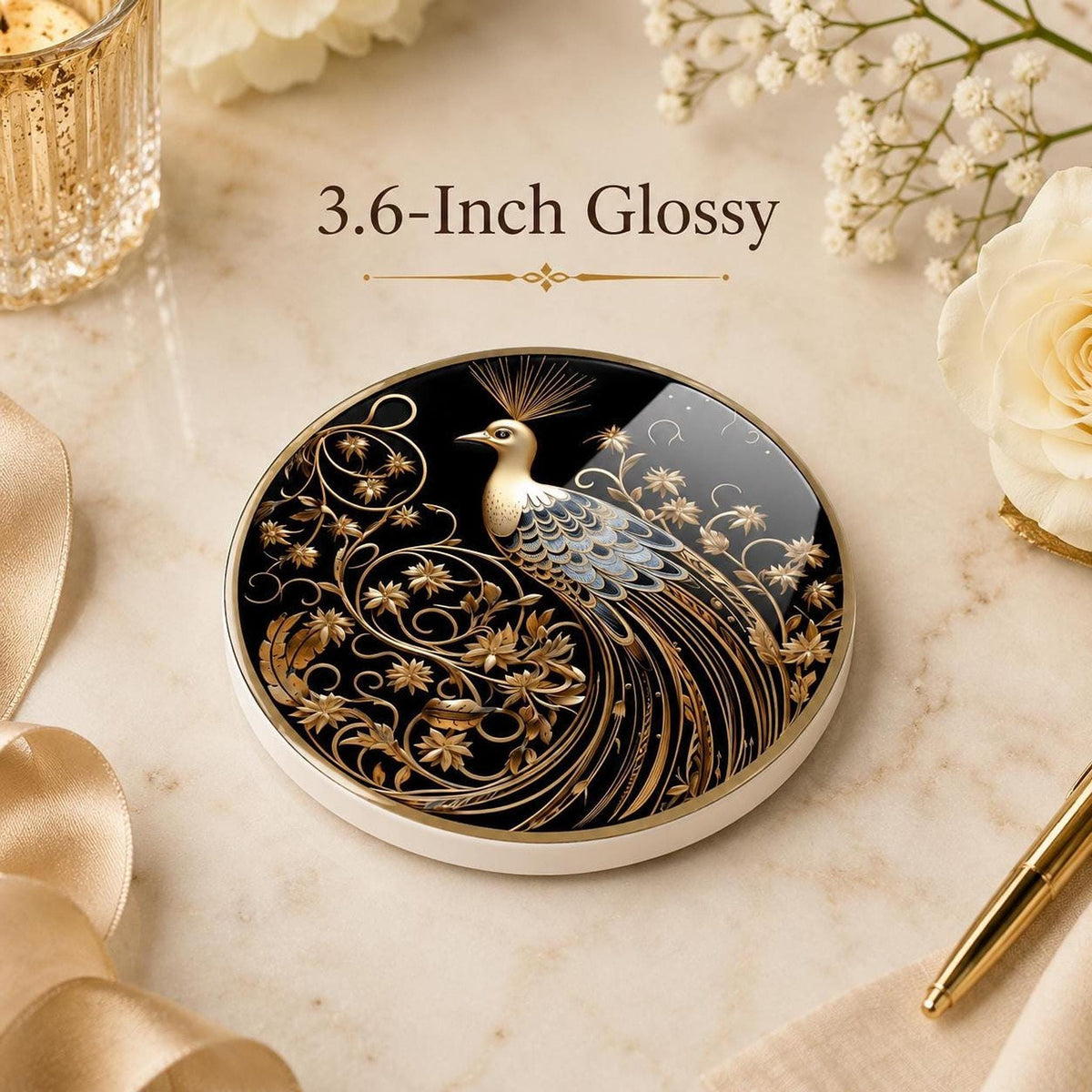 Gold Botanical Decor Ceramic Coaster, Black Peacock Art Nouveau, 3.6–4.25-Inch Round