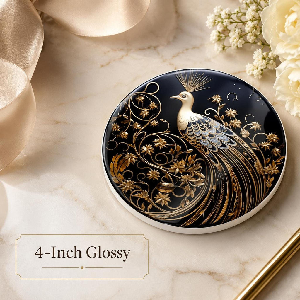 Gold Botanical Decor Ceramic Coaster, Black Peacock Art Nouveau, 3.6–4.25-Inch Round