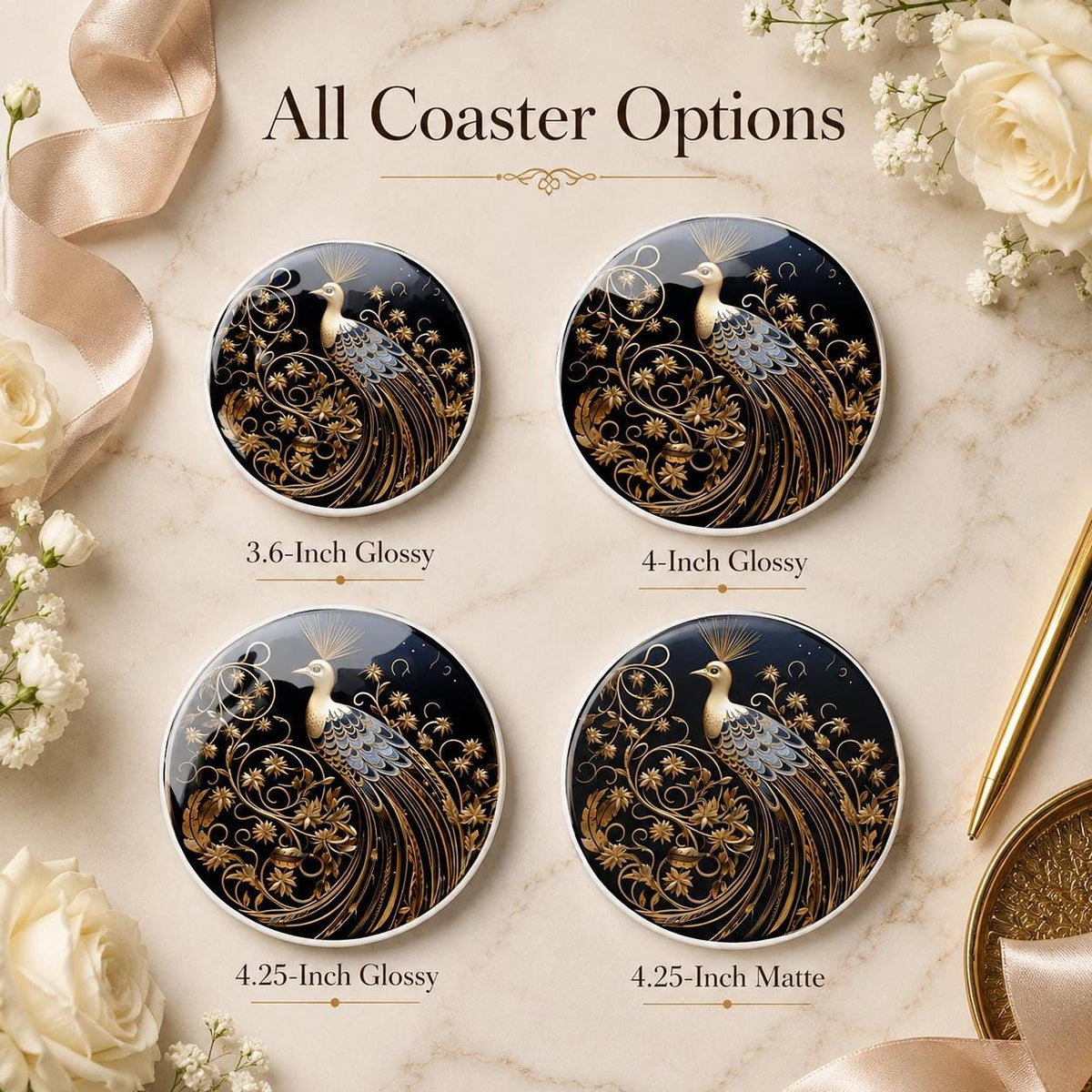 Gold Botanical Decor Ceramic Coaster, Black Peacock Art Nouveau, 3.6–4.25-Inch Round
