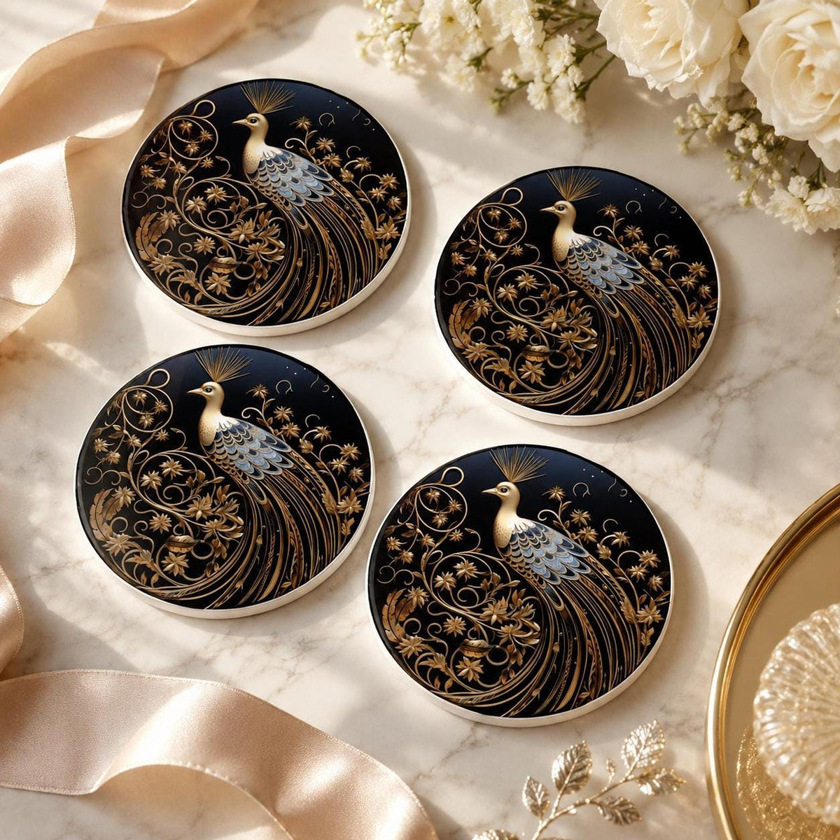 Gold Botanical Decor Ceramic Coaster, Black Peacock Art Nouveau, 3.6–4.25-Inch Round