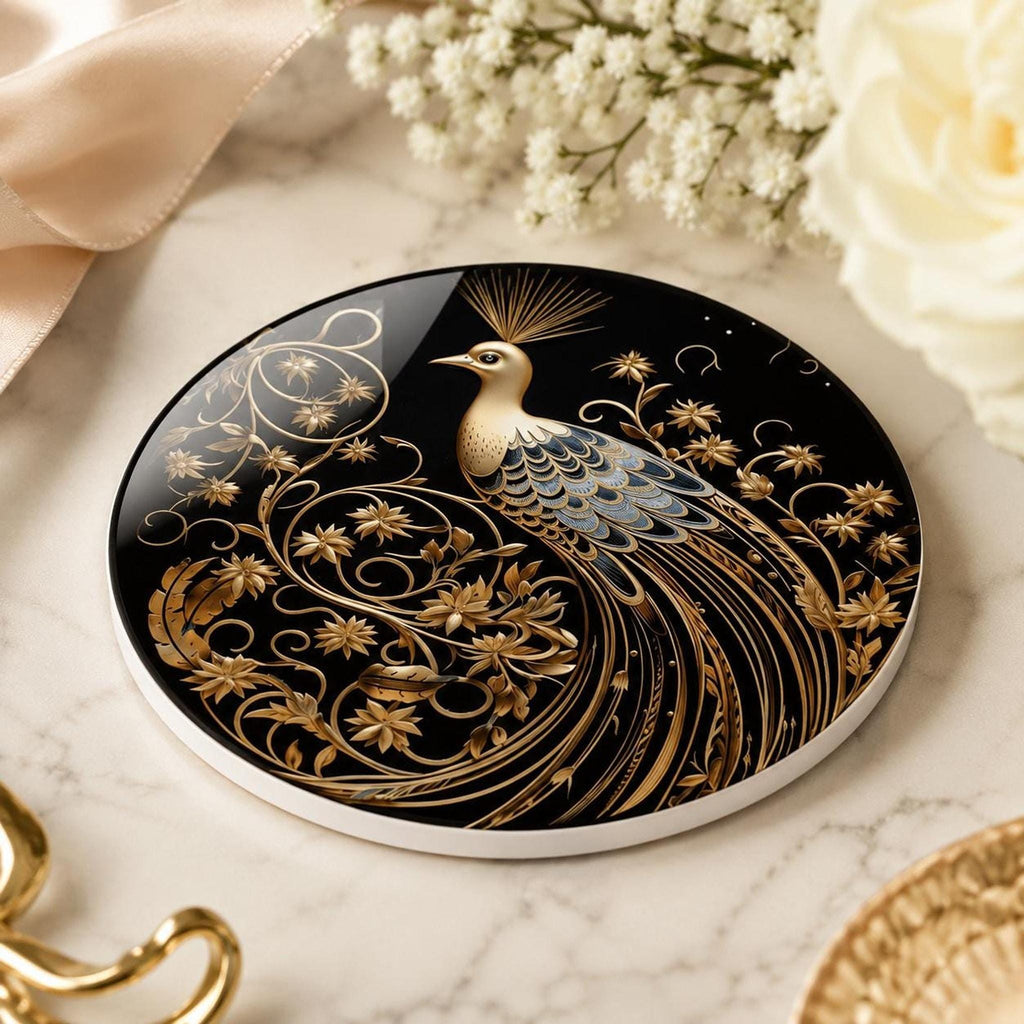 Gold Botanical Decor Ceramic Coaster, Black Peacock Art Nouveau, 3.6–4.25-Inch Round
