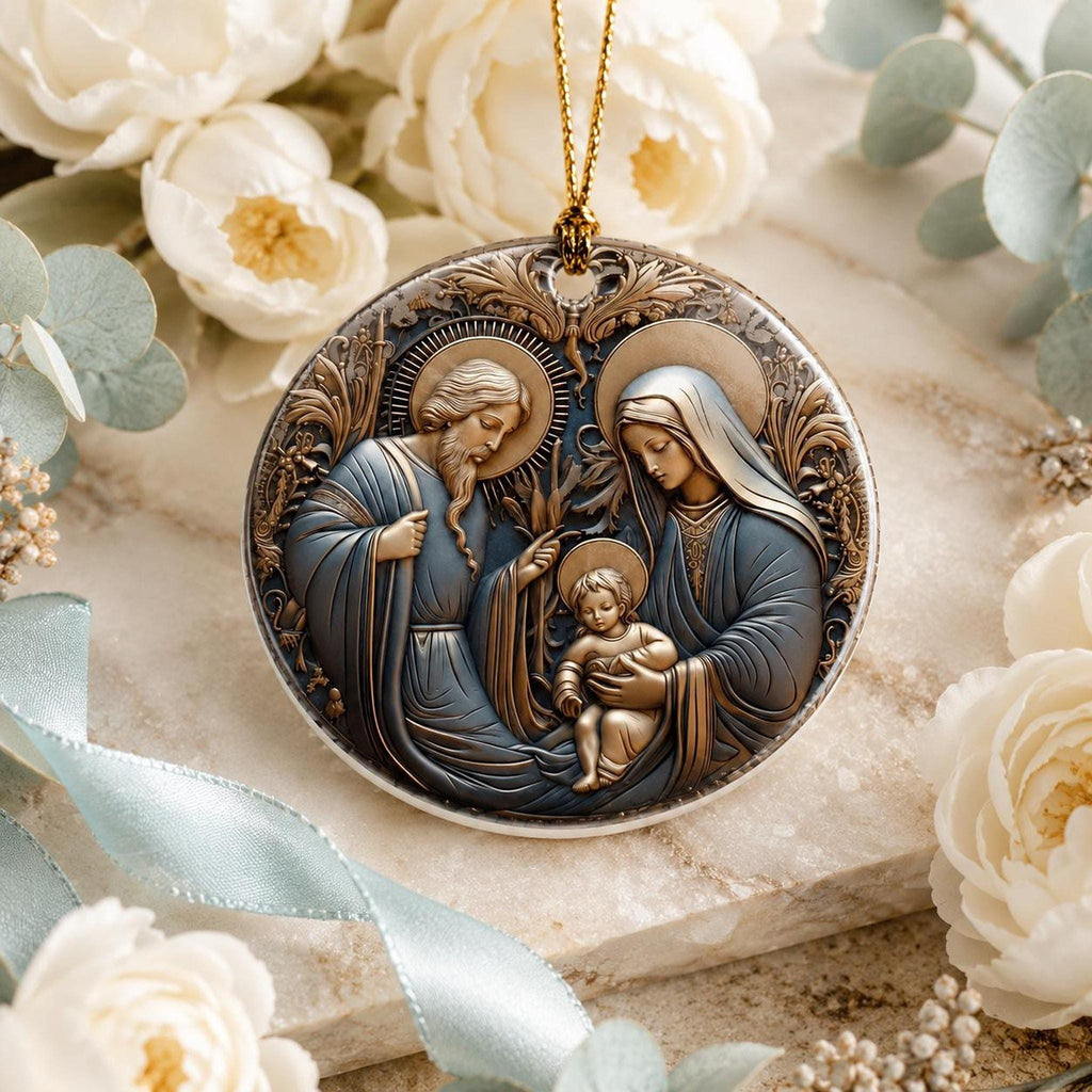 Ceramic Ornament, Holy Family Nativity Keepsake with Personalized Back
