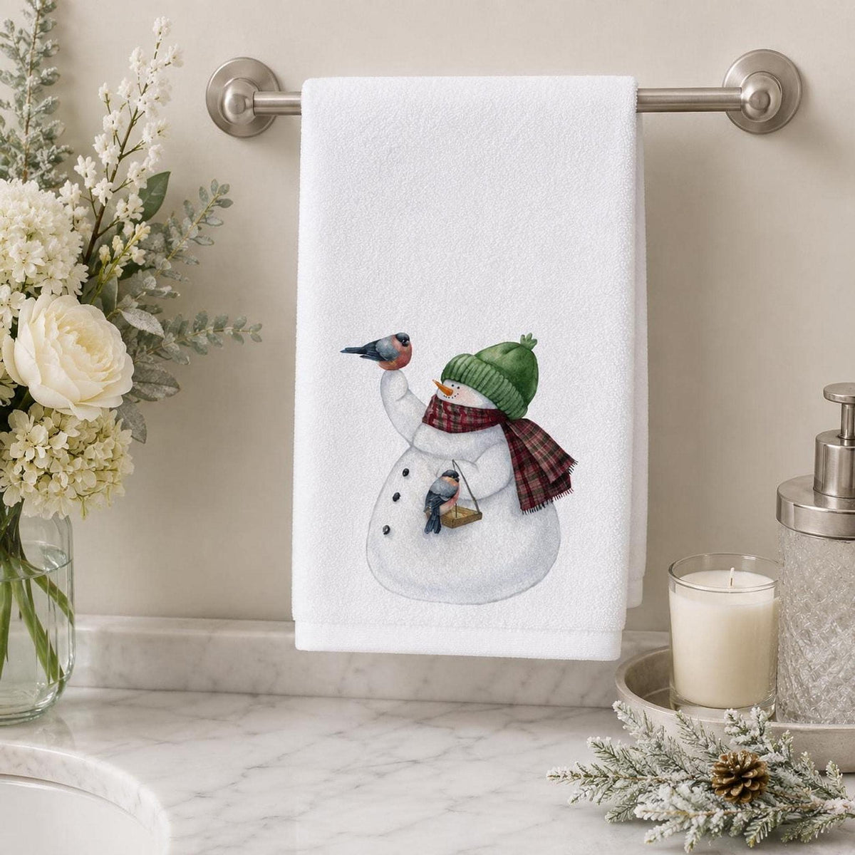Christmas Guest Bath Snowman Hand Towel, Sheared Polyester Front, Cotton Terrycloth Back