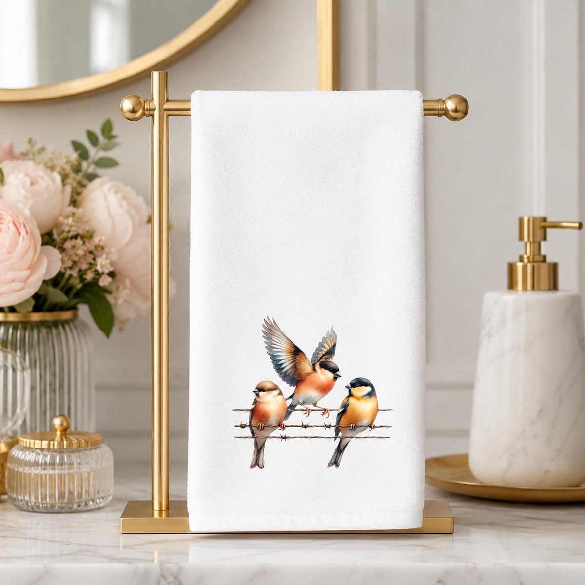 Fingertip Towel, Songbird Print with White Polyester Front and Cotton Terry Back