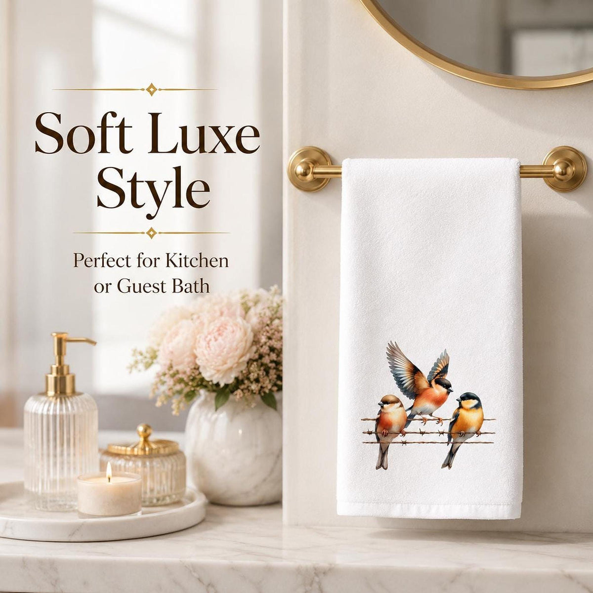 Fingertip Towel, Songbird Print with White Polyester Front and Cotton Terry Back