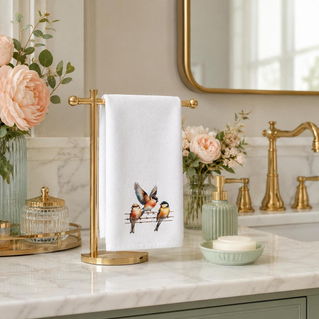 Fingertip Towel, Songbird Print with White Polyester Front and Cotton Terry Back