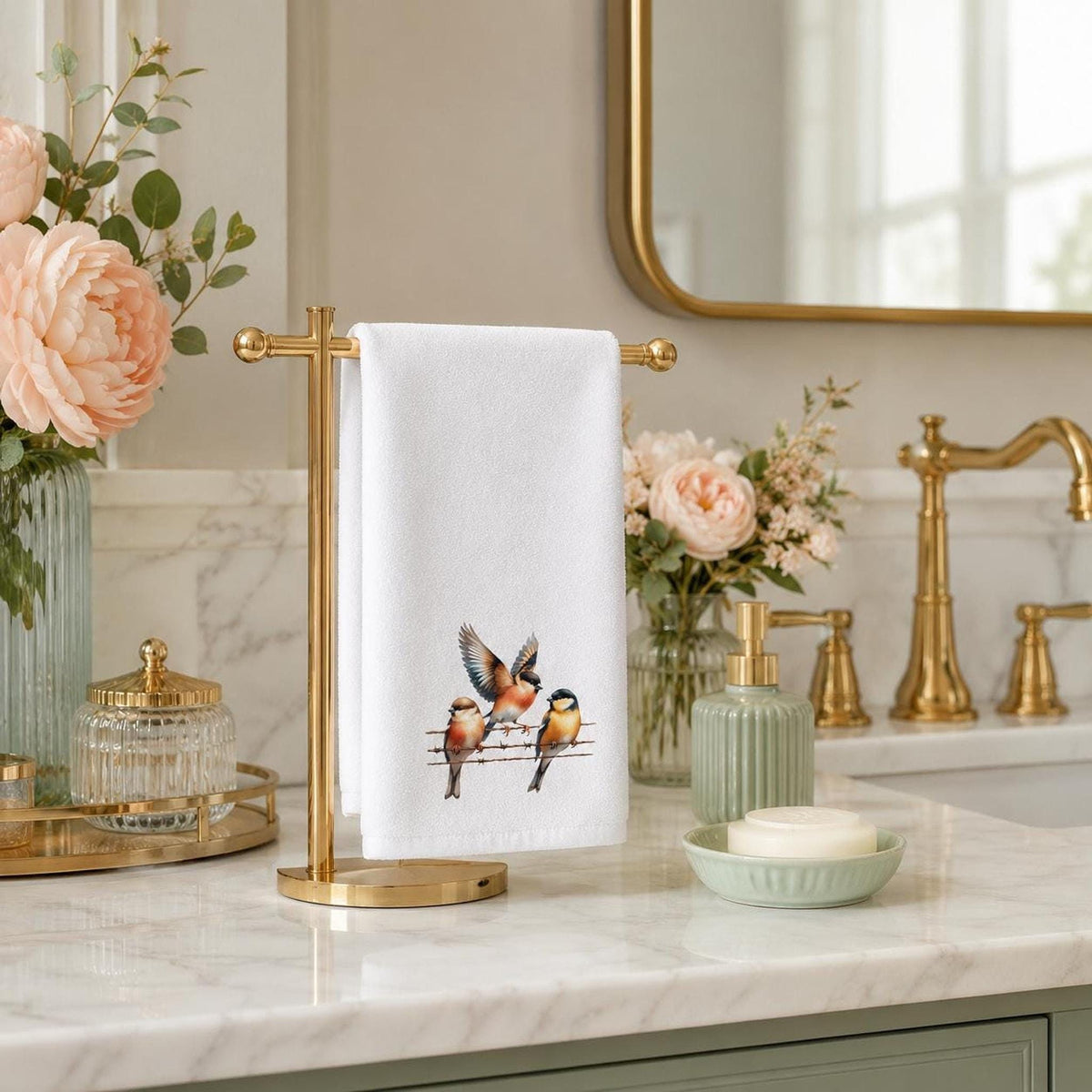 Fingertip Towel, Songbird Print with White Polyester Front and Cotton Terry Back