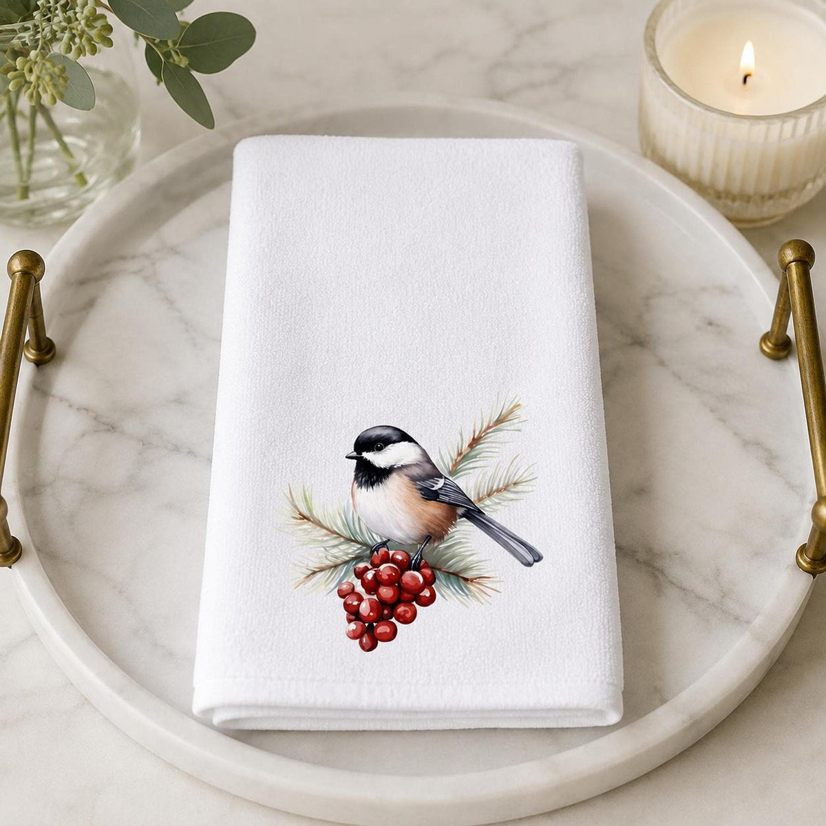 Chickadee Towel, White Sheared Polyester With Cotton Terrycloth Guest Bath Decor