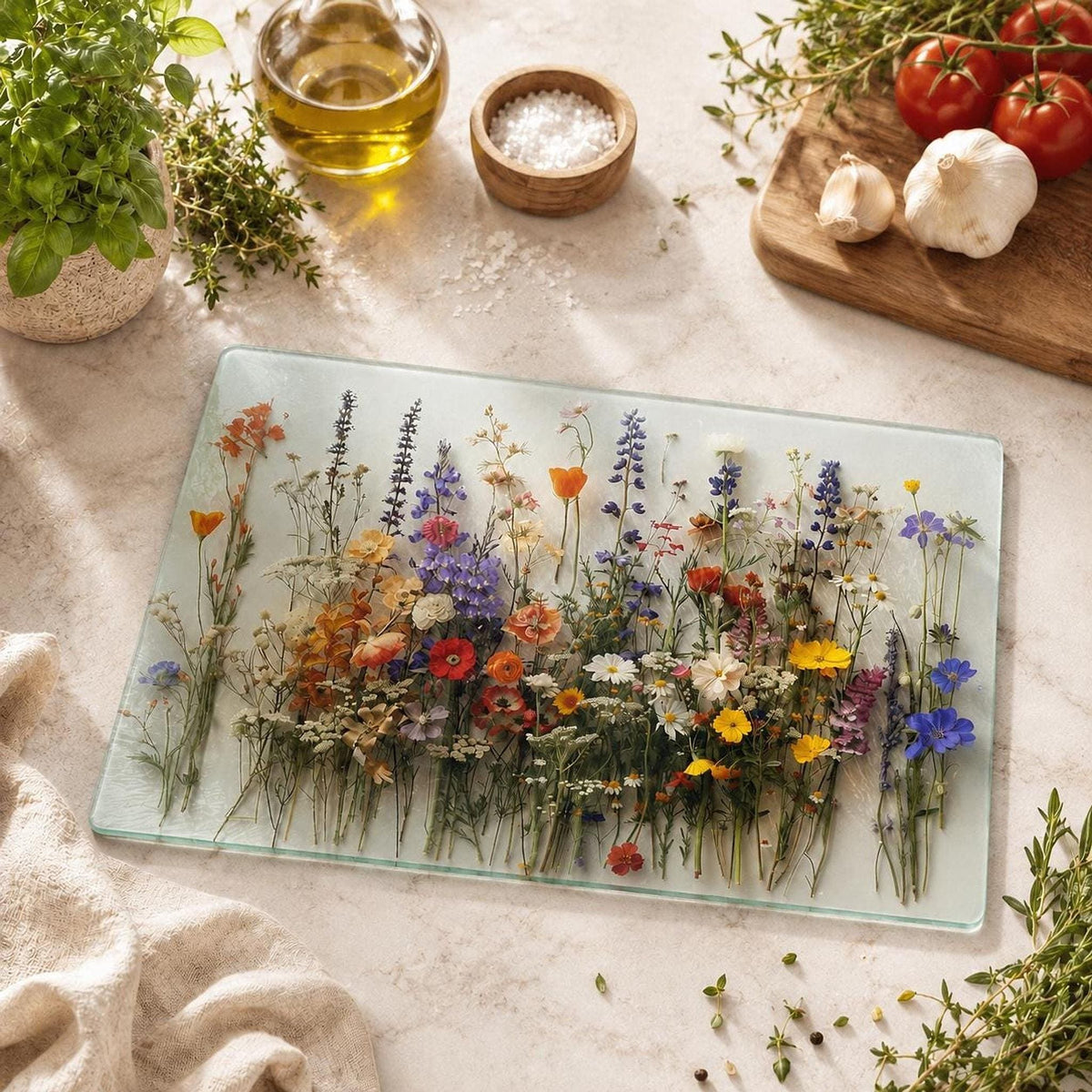 Glass Cutting Board, Wildflower Serving Tray, 8x11 or 11x15 Inches
