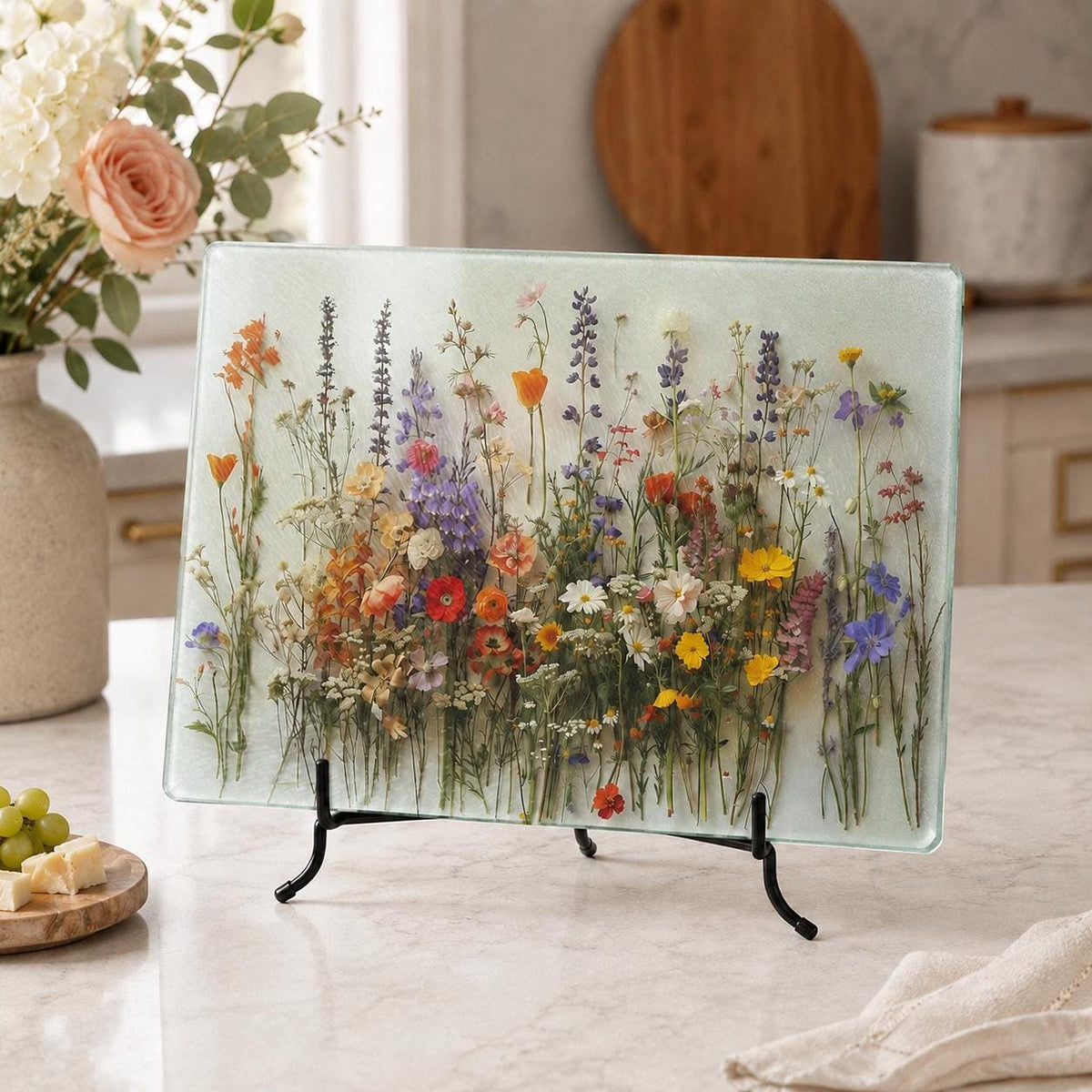 Glass Cutting Board, Wildflower Serving Tray, 8x11 or 11x15 Inches