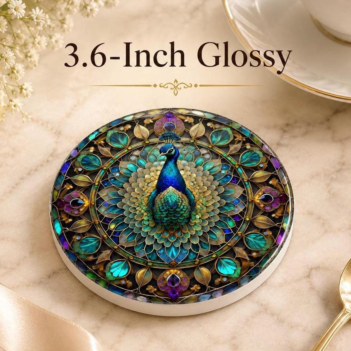 Peacock Ceramic Coaster, Jewel Tone Bird Decor, Ornate Floral Accent, Nature Lover Gift