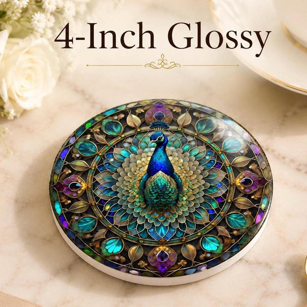 Peacock Ceramic Coaster, Jewel Tone Bird Decor, Ornate Floral Accent, Nature Lover Gift