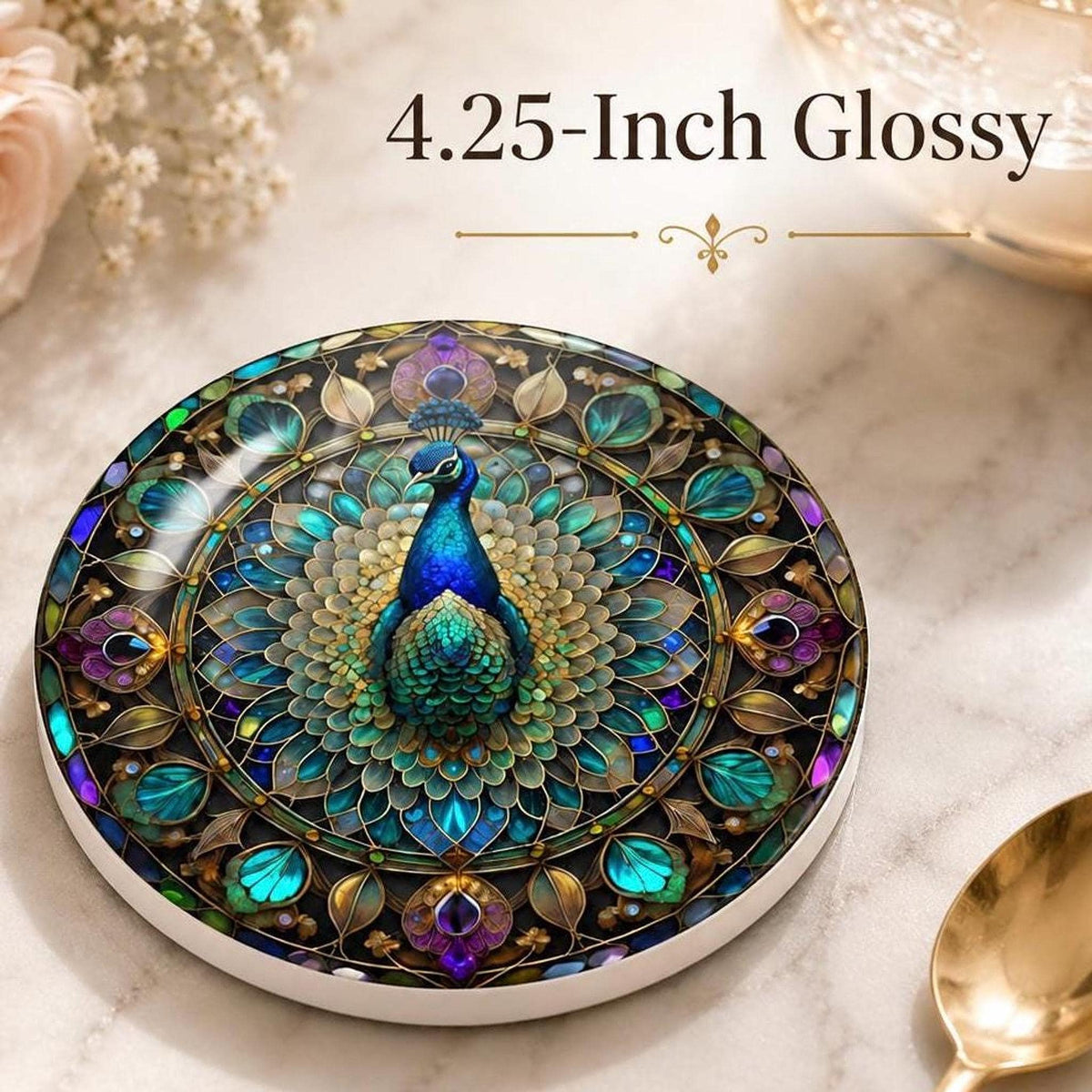 Peacock Ceramic Coaster, Jewel Tone Bird Decor, Ornate Floral Accent, Nature Lover Gift