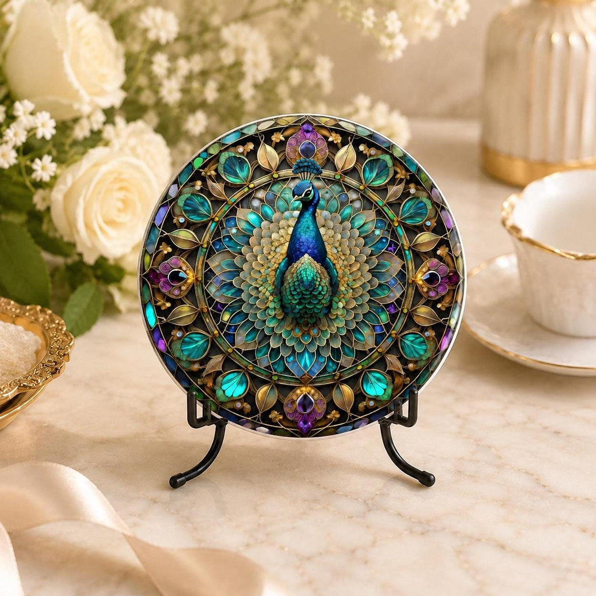 Peacock Ceramic Coaster, Jewel Tone Bird Decor, Ornate Floral Accent, Nature Lover Gift