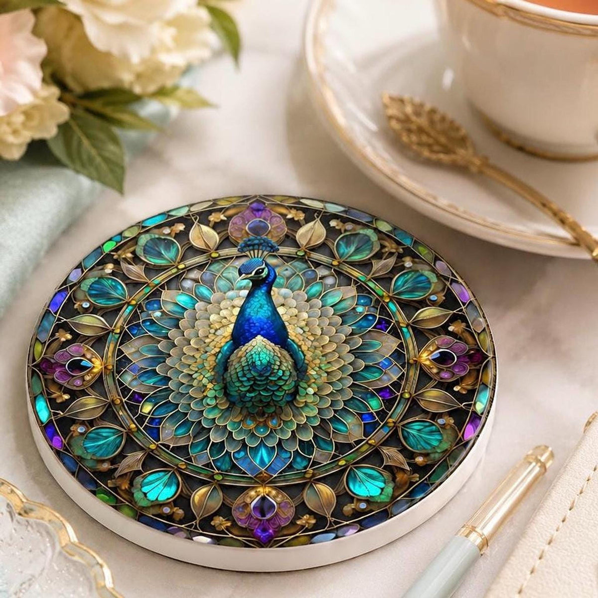 Peacock Ceramic Coaster, Jewel Tone Bird Decor, Ornate Floral Accent, Nature Lover Gift