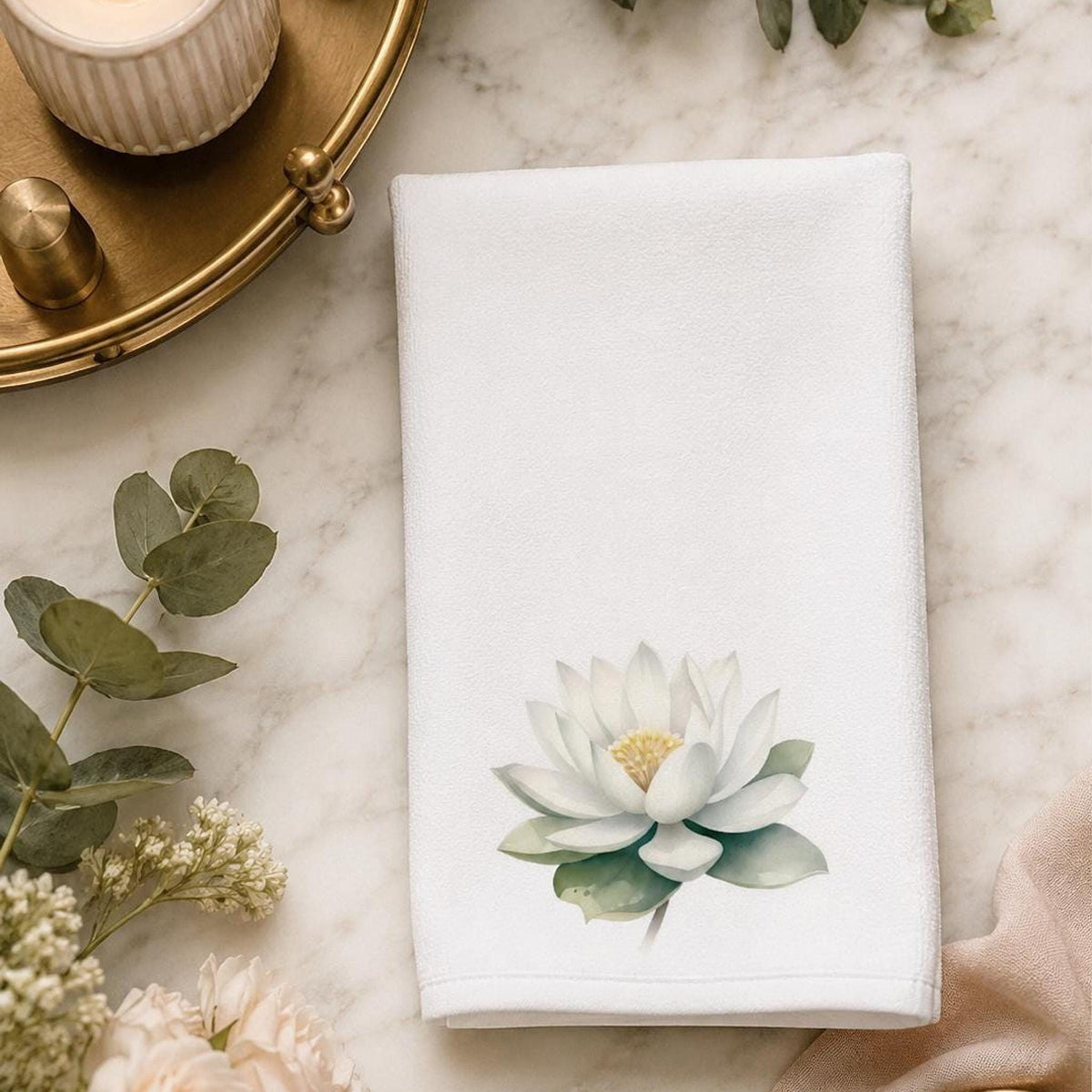 White Lotus Fingertip Towel, Botanical Guest Bath Decor, Spa Floral Accent, Wellness Gift