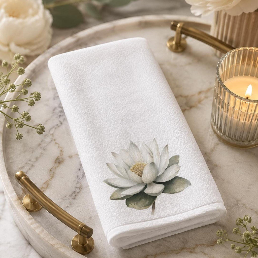White Lotus Fingertip Towel, Botanical Guest Bath Decor, Spa Floral Accent, Wellness Gift