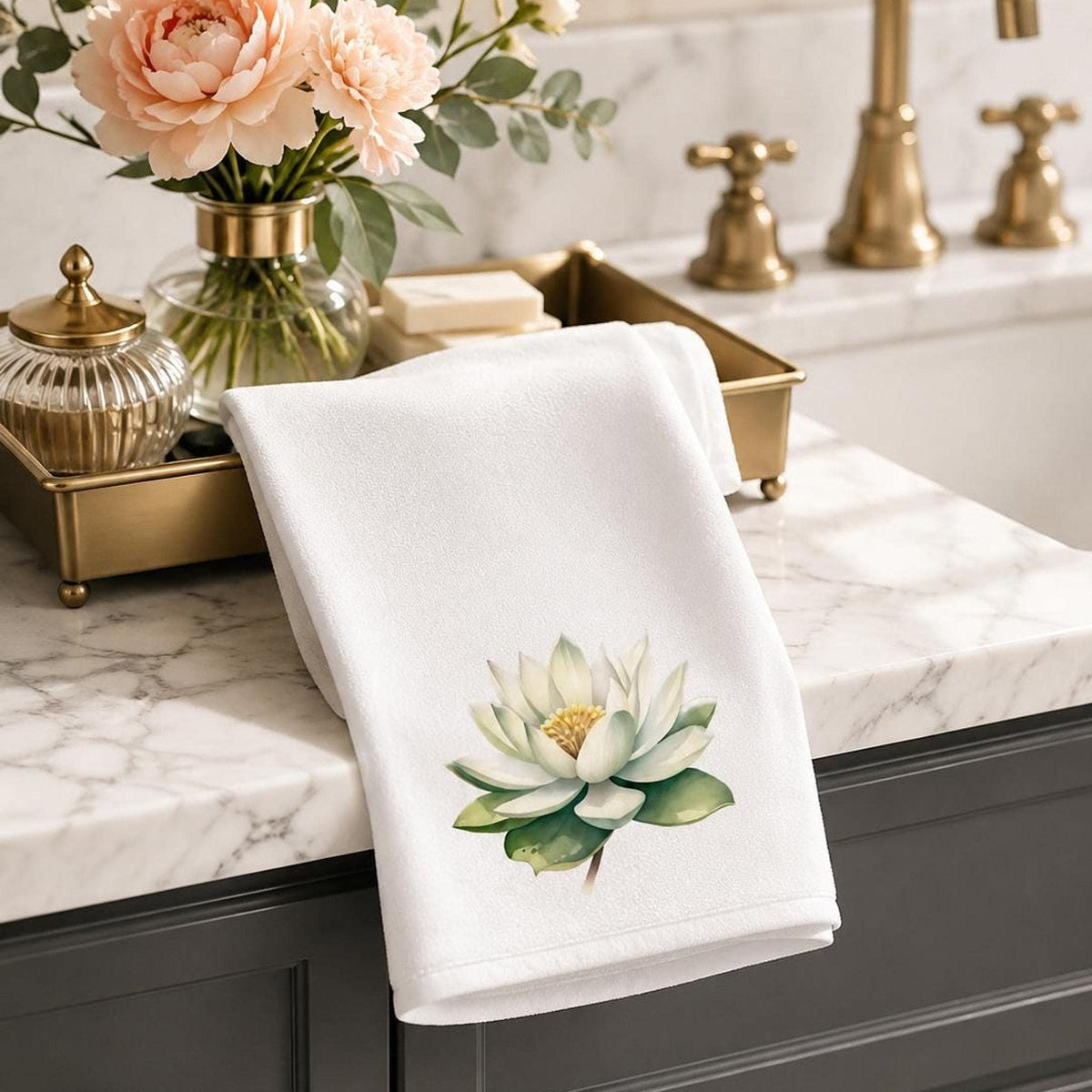 White Lotus Fingertip Towel, Botanical Guest Bath Decor, Spa Floral Accent, Wellness Gift