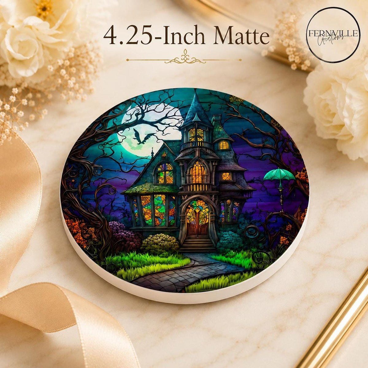 Halloween Coaster, Ceramic Haunted House Drink Mat With Glossy or Matte Finish